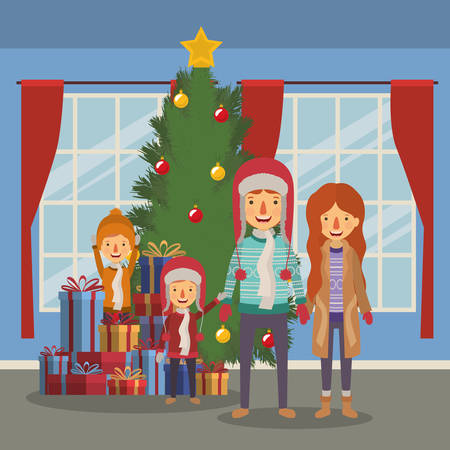 family members celebrating christmas with pine tree in the house vector illustrationのイラスト素材
