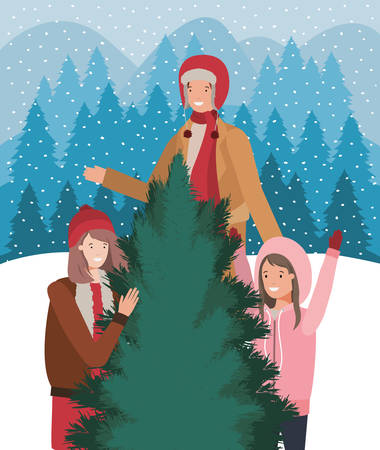 young people with pine tree christmas celebration vector illustration designのイラスト素材