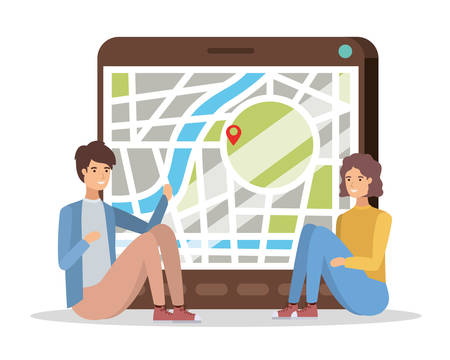 young couple with tablet and gps app vector illustration designのイラスト素材