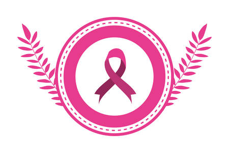 breast cancer campaign ribbon in circular frame with leafs vector illustration designのイラスト素材