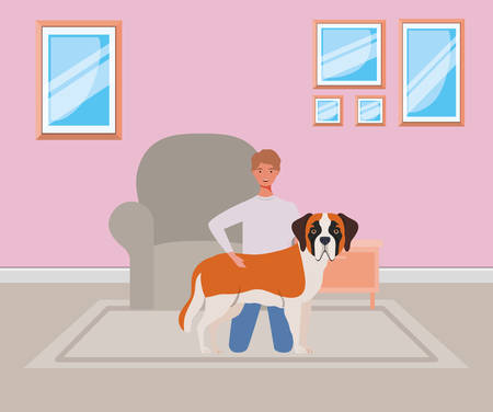 young man with cute dog mascot in the livingroom vector illustration designのイラスト素材