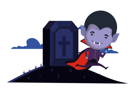 cute little boy with dracula costume and graveyard vector illustration designのイラスト素材