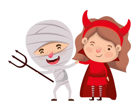cute little kids with mummy and devil costume vector illustration designのイラスト素材