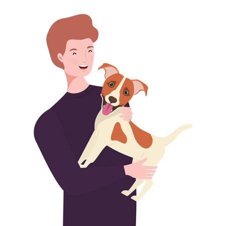 young man lifting cute dog mascot characters vector illustration designのイラスト素材