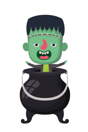 cute little boy with frankenstein costume and witch cauldron vector illustration designのイラスト素材
