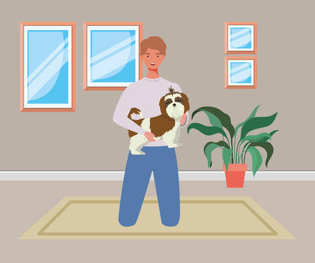 young man with cute dog mascot in the room house vector illustration designのイラスト素材