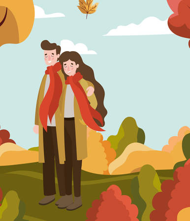 couple walking with autumn suit in the camp vector illustration designのイラスト素材