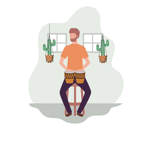 young man with congasand houseplants on macrame hangers of background vector illustration designのイラスト素材