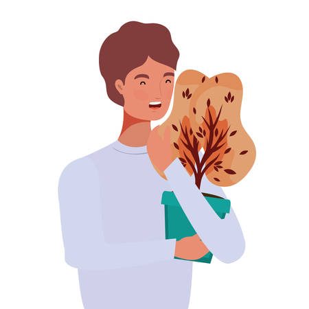 young afro man with autumn plant in ceramic pot vector illustration designのイラスト素材
