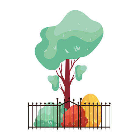 autumn tree plant with bush and fence in ceramic pot vector illustration designのイラスト素材