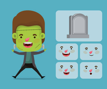 cute little boy with frankenstein costume and set icons vector illustration designのイラスト素材