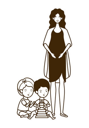 cute pregnancy mother with little kids characters vector illustration designのイラスト素材