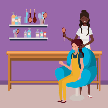 stylist fixing hair to client in the salon characters vector illustration designのイラスト素材