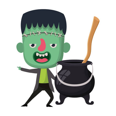 cute little boy with frankenstein costume and witch cauldron vector illustration designのイラスト素材