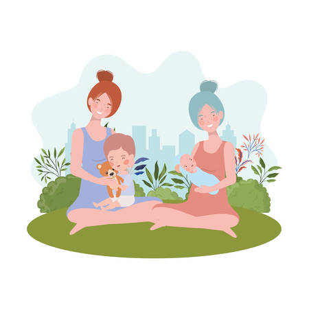 cute pregnancy mothers seated lifting babies in the camp vector illustration designのイラスト素材