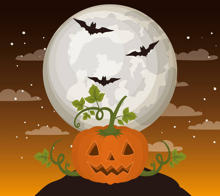 halloween season card with pumpkin in dark night scene vector illustrationのイラスト素材