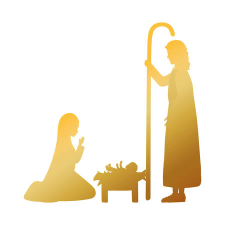 golden holy family manger characters vector illustration designのイラスト素材
