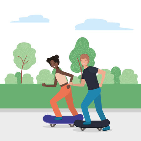 Couple of woman and man with skateboards design, Relationship love romance holiday and together theme Vector illustrationのイラスト素材