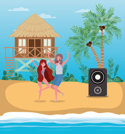 Boy and girl with swimwear dancing on the beach design, summer vacation and travel theme Vector illustrationのイラスト素材