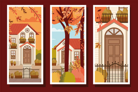 autumn season design with houses and trees with leaves falling, colorful design. vector illustrationのイラスト素材