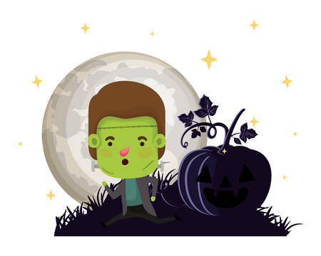 boy with frankenstein costume pumpkin in night scene vector illustration designのイラスト素材