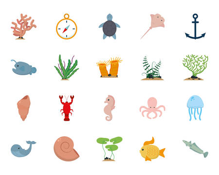 Sea icon set design, Ocean nature beach underwater aquarium and marine theme Vector illustrationのイラスト素材