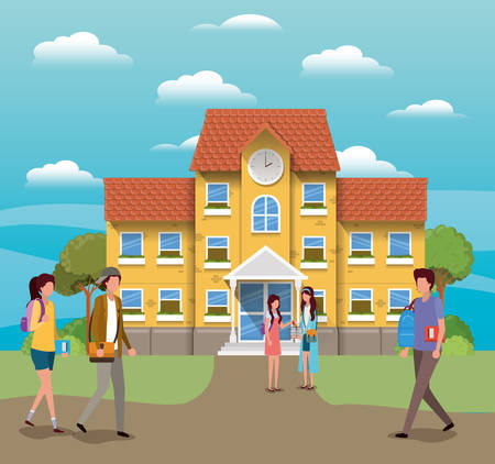 School building and students design, Education lesson study learning classroom and information theme Vector illustrationのイラスト素材