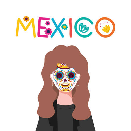 Mexican woman with skull face design, Mexico culture tourism landmark latin and party theme Vector illustrationのイラスト素材