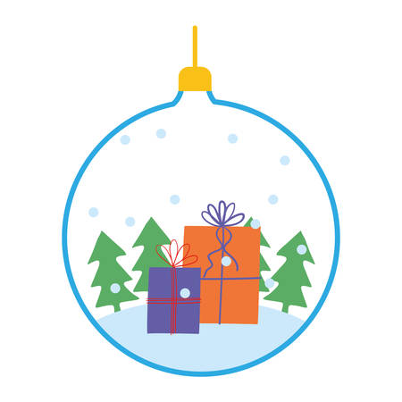 Gifts and pine trees inside sphere design, Merry christmas season decoration card invitation celebration and holiday theme Vector illustrationのイラスト素材