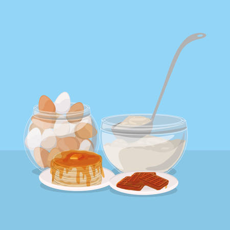 Breakfast eggs waffles and pancakes design, Food meal fresh product natural market premium and cooking theme Vector illustrationのイラスト素材