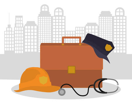 Helmet suitcase hat and stethoscope design, Working occupation person job corporate employee and service theme Vector illustrationのイラスト素材