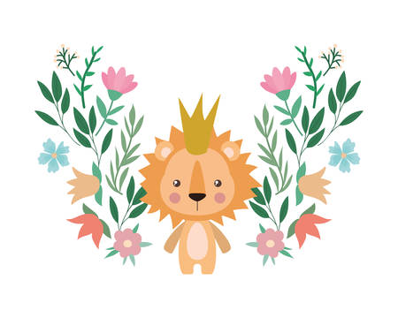 Cute lion with crown flowers and leaves design, Animal zoo life nature character childhood and adorable theme Vector illustrationのイラスト素材