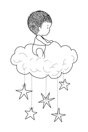 Cute baby boy over cloud and stars design, Child newborn childhood kid innocence and little theme Vector illustrationのイラスト素材