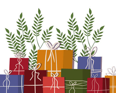 Gifts and leaves design, Merry christmas season decoration card invitation celebration and holiday theme Vector illustrationのイラスト素材