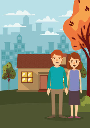 Couple of woman man house and trees design, Relationship love romance card romantic holiday celebration together and emotional theme Vector illustrationのイラスト素材
