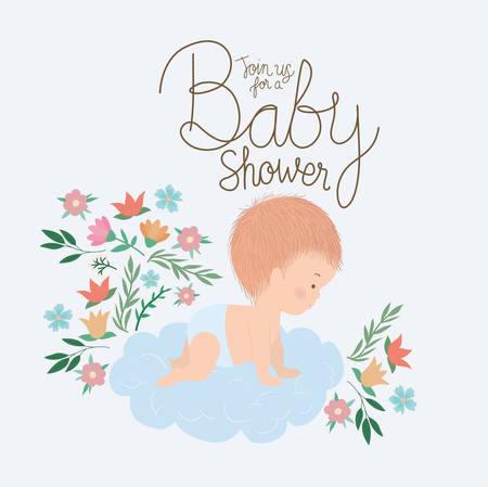 Baby cartoon with leaves and flowers design, Baby shower party card decoration love celebration arrival and born theme Vector illustrationのイラスト素材