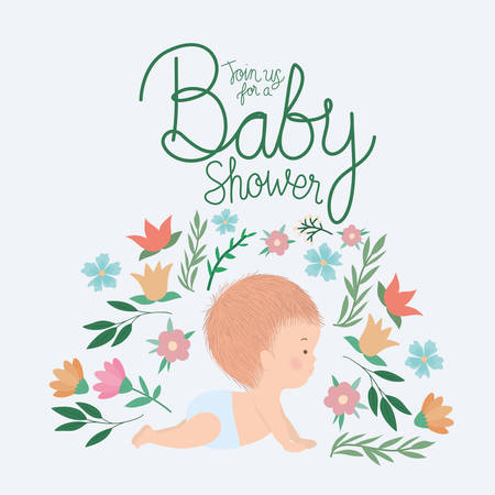Baby cartoon with leaves and flowers design, Baby shower party card decoration love celebration arrival and born theme Vector illustrationのイラスト素材