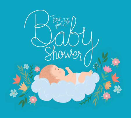 Baby cartoon with leaves and flowers design, Baby shower party card decoration love celebration arrival and born theme Vector illustrationのイラスト素材