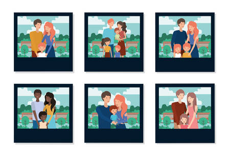 Set of mother father and kids inside pictures design, Family relationship generation lifestyle person character friendship and portrait theme Vector illustrationのイラスト素材