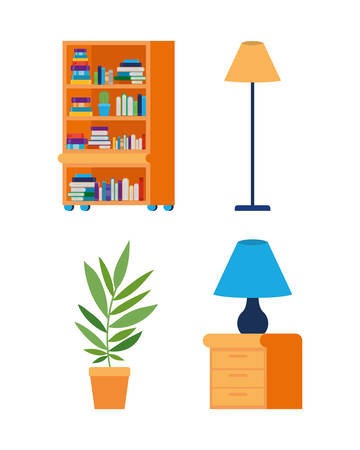 Furniture books lamps and plant design, Home room decoration interior modern house decor living and apartment theme Vector illustrationのイラスト素材