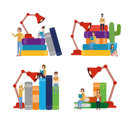 People avatars with books and desk lamps design, Education literature read library school university information learning and text theme Vector illustrationのイラスト素材