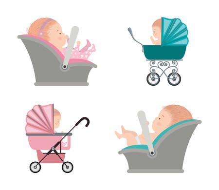 Set of cute babies inside strollers design, Child newborn childhood kid innocence and little theme Vector illustrationのイラスト素材
