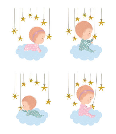 Set of cute babies over clouds design, Child newborn childhood kid innocence and little theme Vector illustrationのイラスト素材