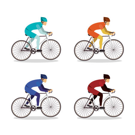 Men riding bikes set design, Vehicle bicycle cycle lifestyle sport and transportation theme Vector illustrationのイラスト素材
