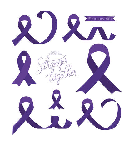 Purples ribbons and stronger together text design, World cancer day february four awareness campaign disease prevention and foundation theme Vector illustrationのイラスト素材