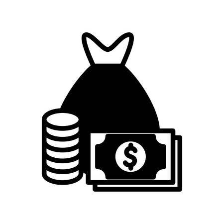 bag coins and bills silhouette style icon of money financial item banking commerce market payment buy currency accounting and invest theme Vector illustrationのイラスト素材