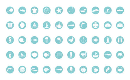 block style icon set design Sea life ecosystem fauna ocean underwater water nature marine tropical theme Vector illustrationのイラスト素材