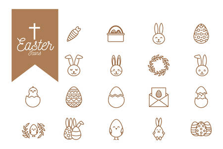 Happy easter line style icon set design, Spring decoration holiday greeting ornament celebration festive season tradition and festival theme Vector illustrationのイラスト素材