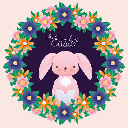 Happy easter rabbit inside crown flowers design, Spring decoration holiday greeting ornament celebration festive season tradition and festival theme Vector illustrationのイラスト素材