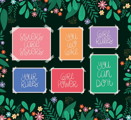 banners set with leaves and flowers design of Women empowerment female power feminist people gender feminism young rights protest and strong theme Vector illustrationのイラスト素材